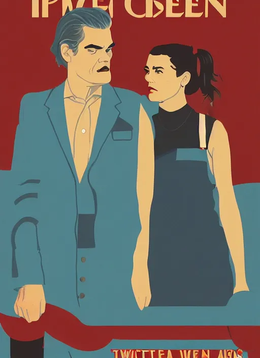 Image similar to Twin Peaks art, of Michael Shannon dressed as mechanic talking to Jennifer Connelly wearing light blue diner waitress dress, poster artwork by James Edmiston, from scene from Twin Peaks, simple illustration, domestic, nostalgic, from scene from Twin Peaks, clean, New Yorker magazine cover