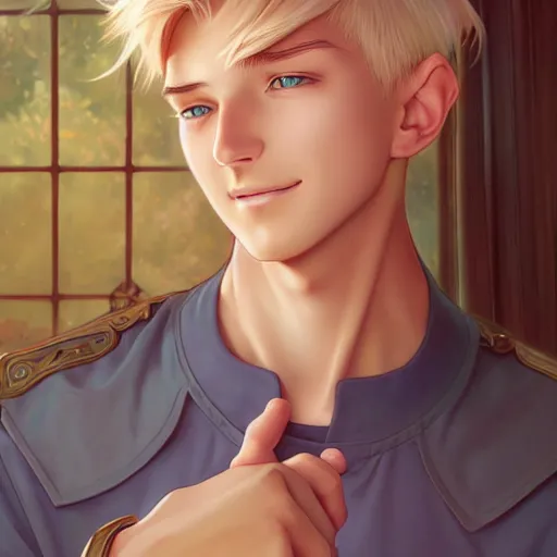 Prompt: young man with short, ash blond hair, path traced, highly detailed, high quality, digital painting, by don bluth and ross tran and studio ghibli and alphonse mucha, artgerm, tankoban, 4 k, fantasy painting, pixar animation style, rossdraws, wlop, sylvain sarrailh