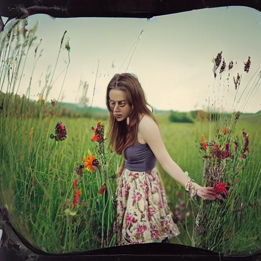 Prompt: !dream pinhole lens photograph of a beautiful female teen with long brown hair wearing a floral sleeveless strappy sundress and holding a suitcase while running through a field of grass and flowers at dusk, hyper realistic, insanely detailed, hdr, tintype, deckle edge, motion blur, long exposure, by francesca woodman. The seeds are [1487075990, 278122496, 2717433015, 2786145441]