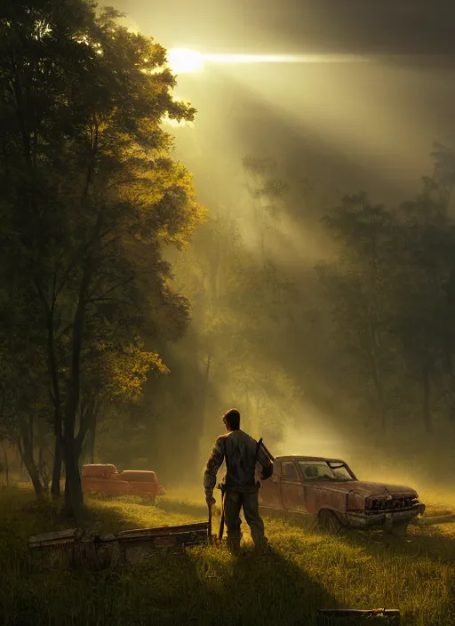 Image similar to rural wisconsin after zombie apocalypse, mist, sunrays, dust in the air, dnd character, unreal engine, octane render, dramatic lighting, pond, digital art, by stanley artgerm lau, greg rutkowski, thomas kindkade, alphonse mucha, loish, norman rockwell,