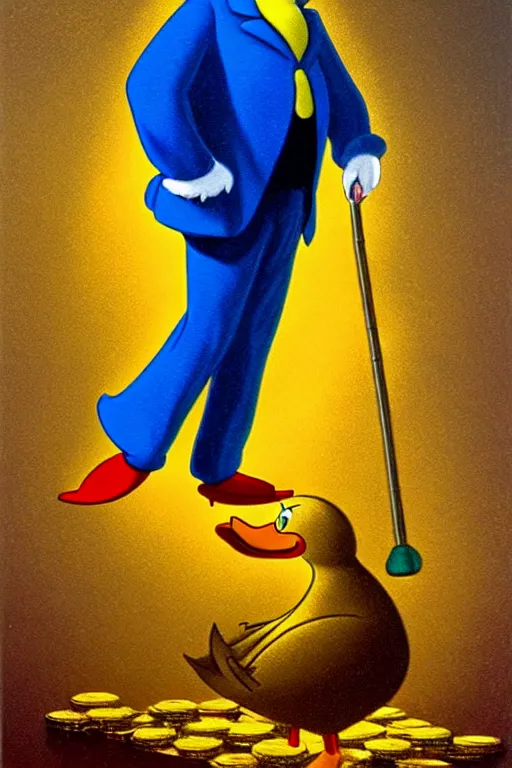 Image similar to Scrooge McDuck from the Duck Tales in blue costume standing on a mountain of golden gold and holding a cane, view from below, full body portrait including head, oil painting, highly detailed