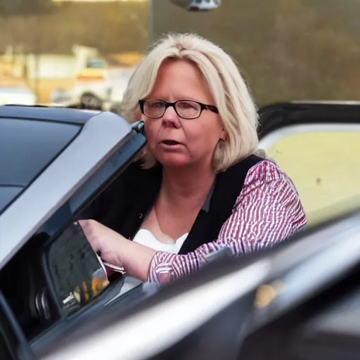 Prompt: angry liz cheney working at a mcdonald's drive - thru