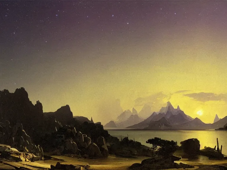Prompt: an oil painting of a coastline on an alien planet with a mountain range at dusk with aurora lighting up the sky by carl spitzweg and tuomas korpi. baroque elements, full-length view. baroque element. intricate artwork by caravaggio. Trending on artstation. 8k