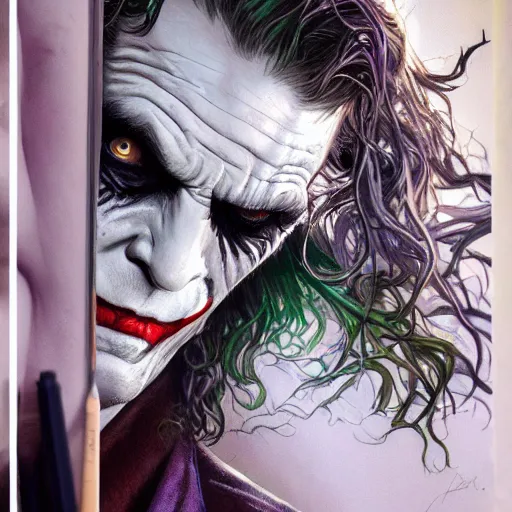 Image similar to ultra realistic illustration of the joker, intricate, elegant, highly detailed, digital painting, artstation, concept art, smooth, sharp focus, illustration, art by artgerm and greg rutkowski and alphonse mucha