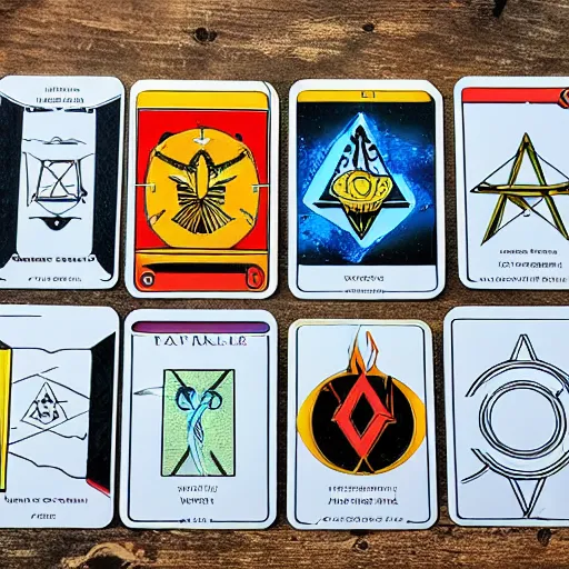 Prompt: full set of illuminati cards, tarot card design, product shot