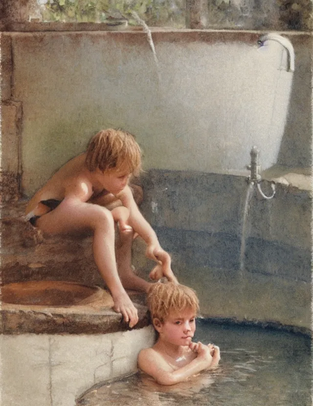 Image similar to peasant kid having bath in a basin, splashes of water, cottage core, cinematic focus, polaroid photo bleached vintage pastel colors high - key lighting, soft lights, foggy, by steve hanks, by lisa yuskavage, by serov valentin, by tarkovsky, detailed, oil on canvas