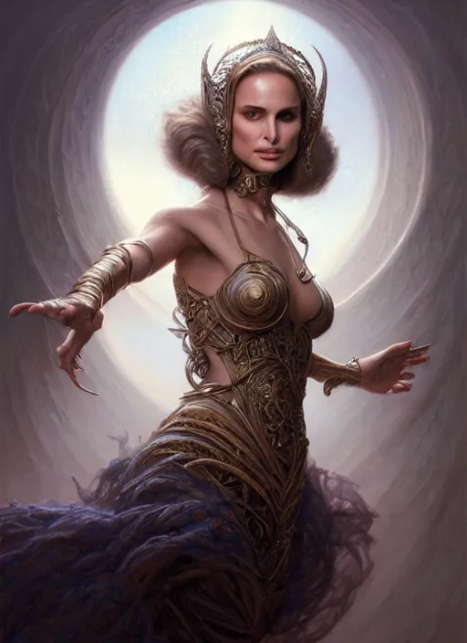 Image similar to portrait shot, natalie portman, sorceress, intricate, elegant, highly detailed, centered, digital painting, artstation, concept art, smooth, sharp focus, illustration, artgerm, tomasz alen kopera, peter mohrbacher, donato giancola, joseph christian leyendecker, wlop, boris vallejo