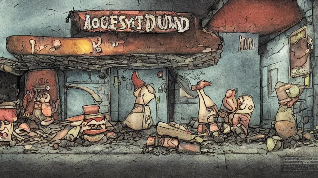 Image similar to storybook illustration signed dugout abandoned fastfood restaurant, postapocalypse, cinematic