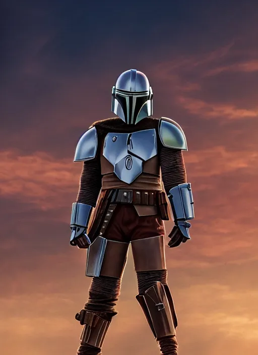 Image similar to Mandalorian as a medieval knight in intricate armor, ornate filigree armor, desert dunes, sunset clouds, sun glowing behind head, hypermaximalist, fantasy character concept, dynamic lighting, blurry, hyperrealism 8k