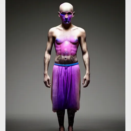 Prompt: a beautiful young athletic moroccan male characterized as an alien with yellow and purple ombre skin, the alien has tattoos, photographed by erwin olaf for a dune movie