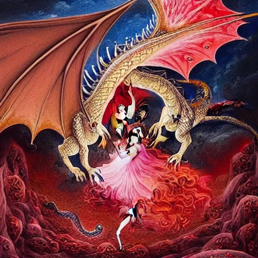 Image similar to miniature painting of a dragon fighting a woman, red+velvet+pink+orange+white colors, by Mahmoud Farshchian, intricate, insane detailed, very detailed