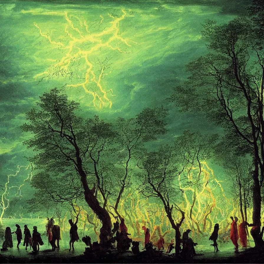 Prompt: closeup of a night carnival around a magical in a summer storm, tree cavity with a music scenario with many fireworks and christmas lights, next to a lake with iridiscent lake water, volumetric lightning, folklore people disguised with fantastic creatures in a magical forest by summer night, masterpiece painted by caspar david friedrich, scene by dark night environment, refraction lights,