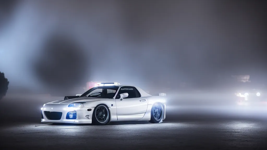 Image similar to a jdm mazda rx - 7, cinematic, long exposure, white balance, 8 k, led, lumen global illumination, fog, ray tracing reflections