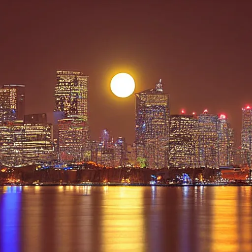 Prompt: A beautiful city night scene of a bright moon shining on the lights of the city，by Terry Redlin.