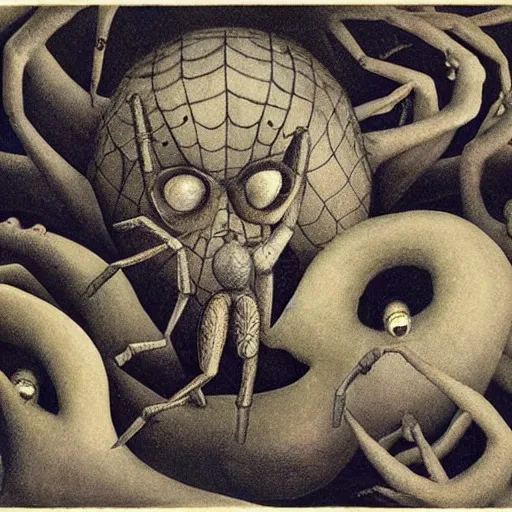 Image similar to spiders who sing and dance like children, by Hannah Hoch, by M.C.Escher, by Santiago Caruso, oil on canvas, beautiful, eerie, surreal, psychedelic