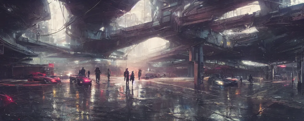 Image similar to under a highway bridge of a cyberpunk city, rain, night, flying shuttles, advertising pannels, rays of light, james gurney, greg rutkowski, unreal engine 5, artstation, sharp focus, award winning