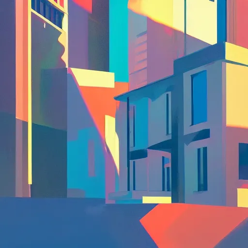 Prompt: 🌈 🛰 abstract by atey ghailan and edward hopper rich color city flat