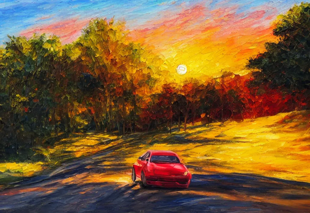 Image similar to one red car driving in the road, nature, golden hour, brush strokes, oil painting