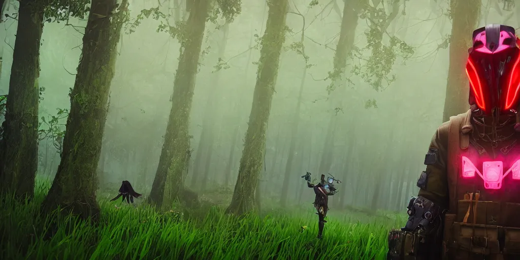 Prompt: inside of lush summer green landscape a strange gamekeeper wearing a steampunk and cyberpunk mechanical fluorescent mystical animal mask and red hood. walking in the misty dangerous swamp. in style of fornite game. night fog, beautiful render, octane render