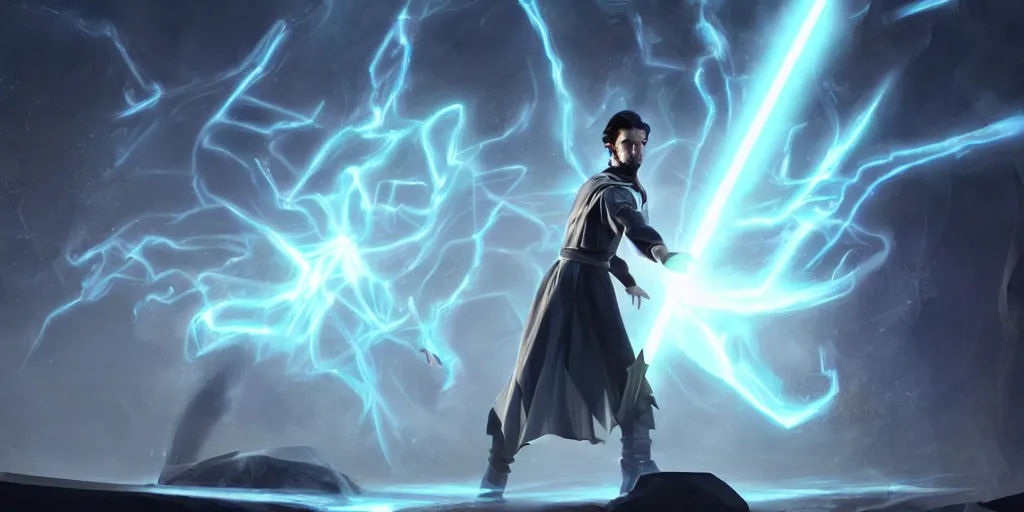 Image similar to a male sorcerer that looks like nikola tesla casting a lighting spell, light rays, bloom, dynamic pose, dramatic lighting, epic composition, concept art, by dan luvisi, jason chan and gilles beloeil