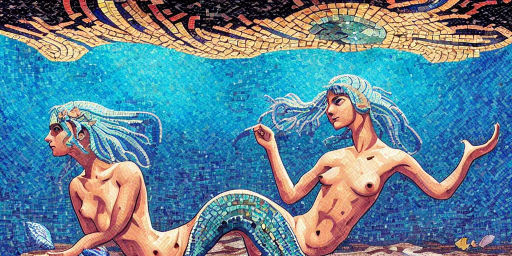 Image similar to ancient roman mosaic of bluehair mermaid on sea floor, low ceiling, illustration by moebius, rhads, dan mumford, clean thick line, comics style