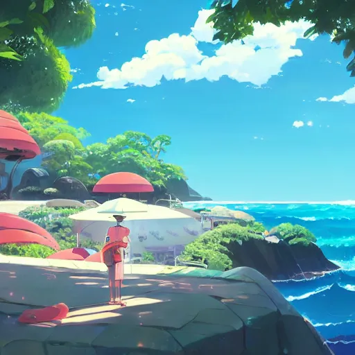 Image similar to enjoying the holidays in seychelles in 2 0 5 0!!, detailed, cory loftis, james gilleard, atey ghailan, makoto shinkai, goro fujita, studio ghibli, rim light, exquisite lighting, clear focus, very coherent, sea in background