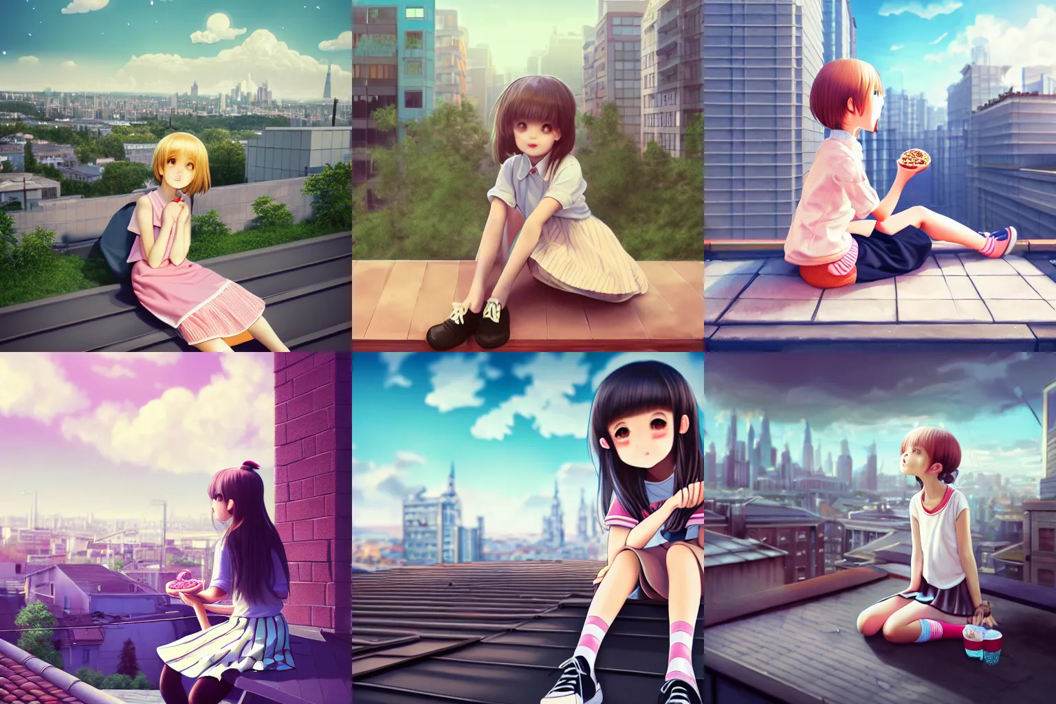 Prompt: realistic detail, | girl sitting on a rooftop, cute kawaii girl, wearing skirt and high socks, having a snack, looking up, magic eyes | , digital art, concept art, best of 2023 on artstation style, simulation, structure, fine, wide angle, natural light, volumetric, | behind is a large scale city|