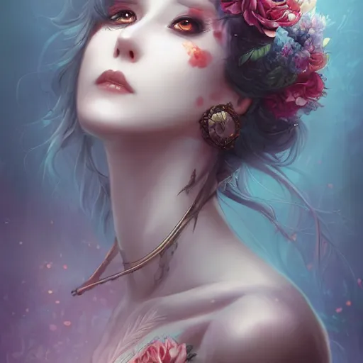 Image similar to Stunning Anime Goddess part skeleton of the floral river flowers, Kissing her king in a dark romance, misty, by cgsociety, in the style of Charlie Bowater, Tom Bagshaw, intricate, beautiful, artstation 8k, high resolution