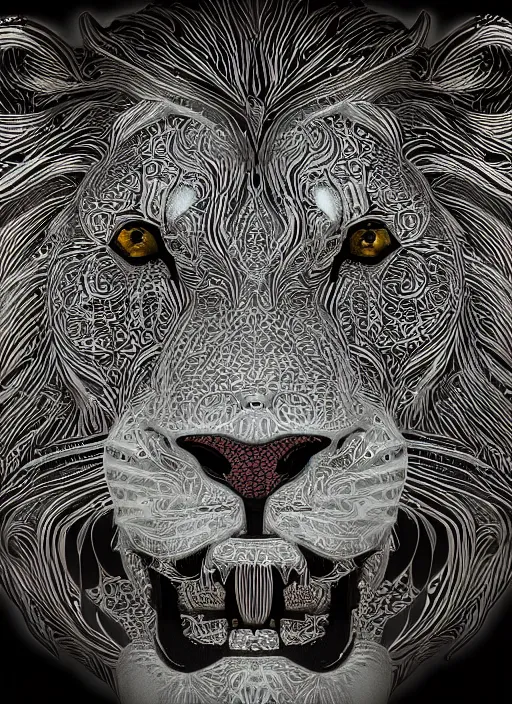 Image similar to A lion face made of Arabic Calligraphy depicting in glowing neons, fisheye lens, unreal 5, DAZ, hyperrealistic, octane render, dynamic lighting