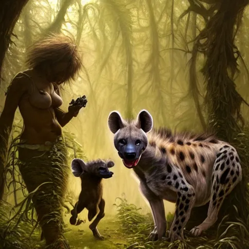 Prompt: photo of a humanoid hyena feeds humanoid hyena puppies in the forest, highly detailed, digital painting, artstation, smooth, sharp focus, illustration, art by artgerm and greg rutkowski and alphonse mucha