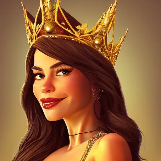 Image similar to Portrait of Sofia Vergara as the Golden Queen wearing a majestic crown, luxurious scene, mattepainting concept Blizzard pixar maya engine on stylized background splash comics global illumination lighting artstation lois van baarle, ilya kuvshinov, rossdraws