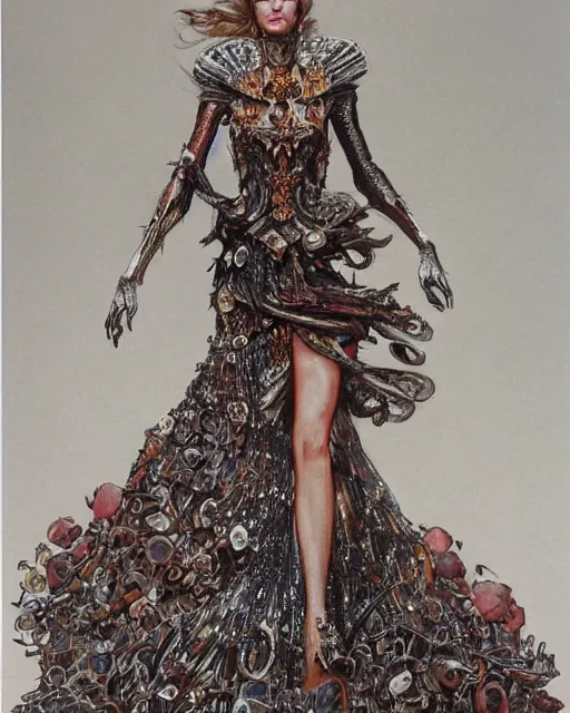 Image similar to fashion model walking down a catwalk, elaborate dress by alexander mcqueen, detailed face, beautiful feminine face, art by michael whelan and chris moore and howard david johnson and tim white and dan giancola