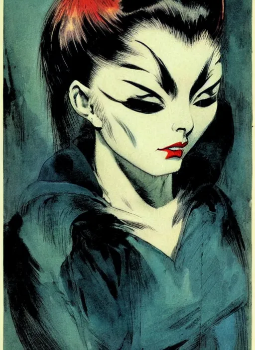 Image similar to portrait of bald korean vampiress, strong line, saturated color, beautiful! coherent! by frank frazetta, high contrast