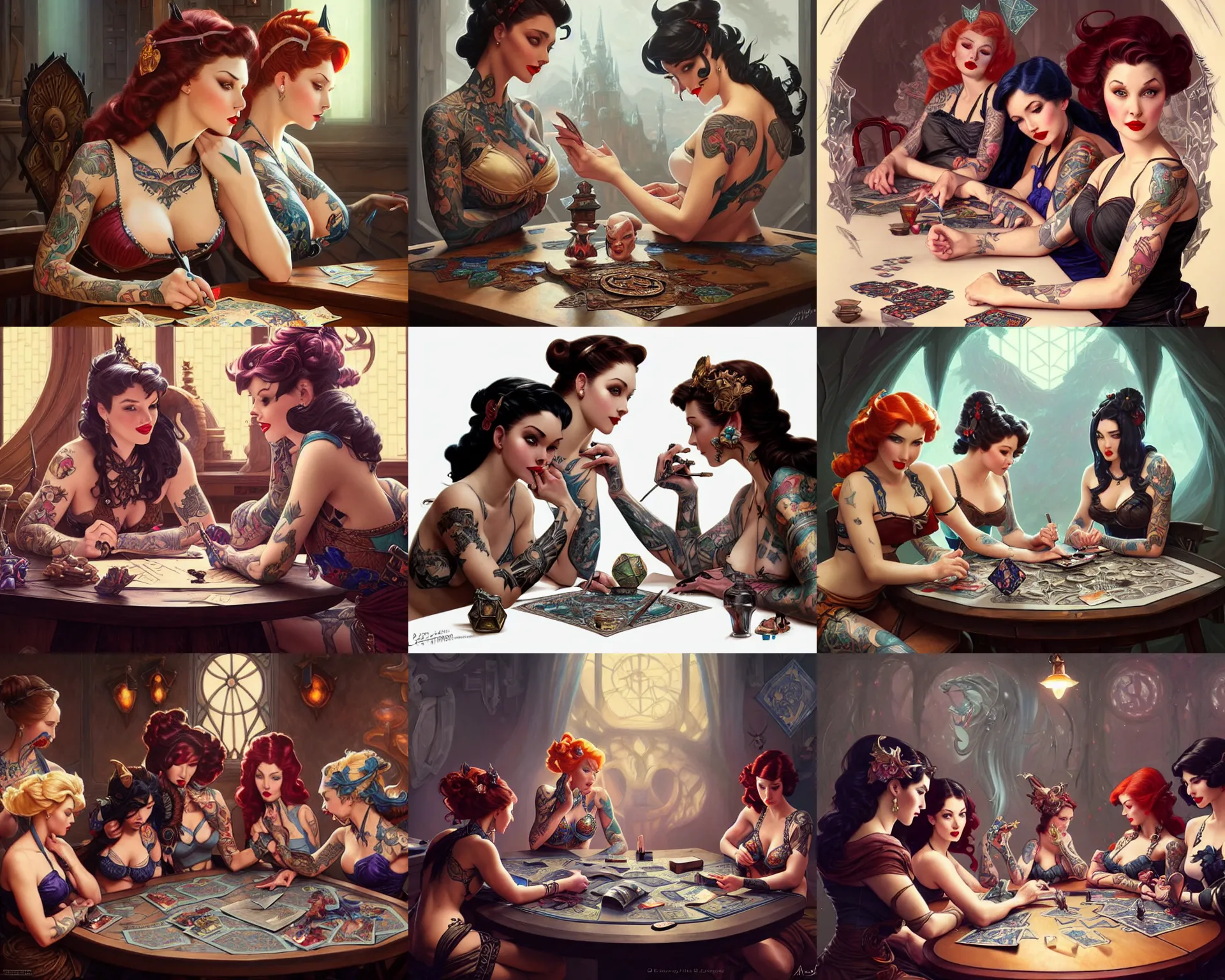 Prompt: tattooed pinup girls sitting at table playing dnd, deep focus, d & d, fantasy, intricate, elegant, highly detailed, digital painting, artstation, concept art, matte, sharp focus, illustration, hearthstone, art by artgerm and greg rutkowski and alphonse mucha.