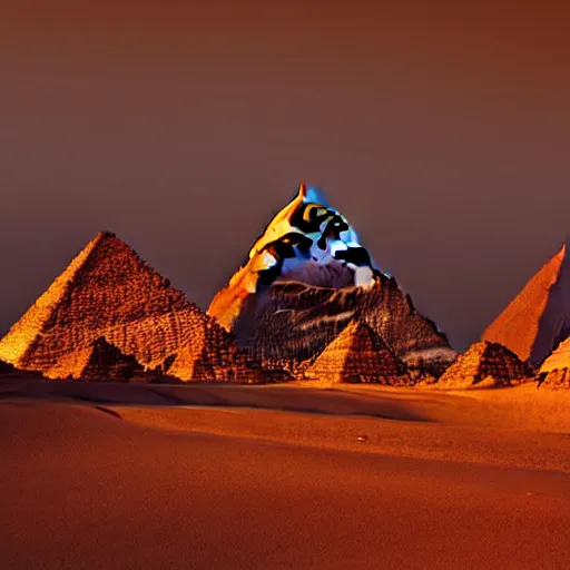 Image similar to pyramids of giza at night, neon lit