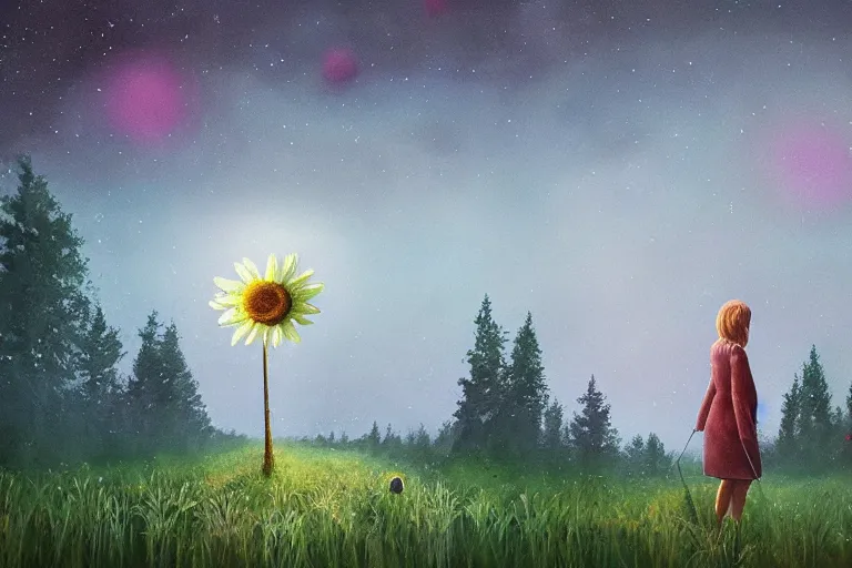 Image similar to giant daisy flower on the head, girl walking in forest, surreal photography, dark night, stars, moon light, impressionist painting, clouds, digital painting, artstation, simon stalenhag