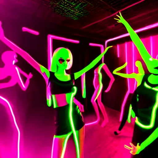 Prompt: photograph of a cute skinny goth girl at a neon night club dancing with a room full of mannequins