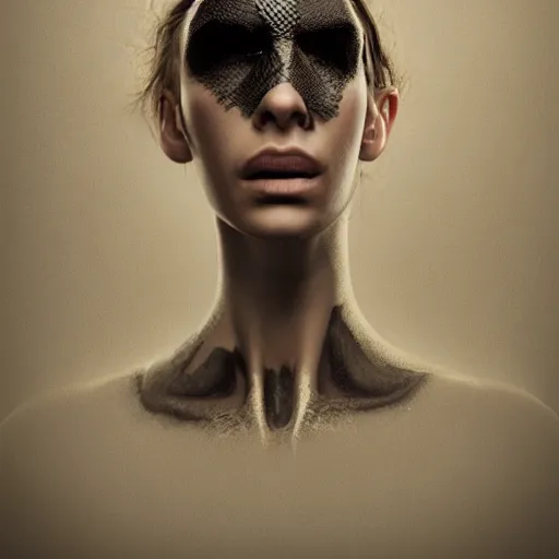 Prompt: Face photography portrait of a young woman with tactical camouflage painted skin. snake eyes. invisibility effect. She is looking at her hands. insanely detailed and intricate, clean photorealistic render, realistic 3D, hyper-realistic, super detailed, realistic octane render, 8K, art photography, backlight. Dark. By Annie Leibovitz