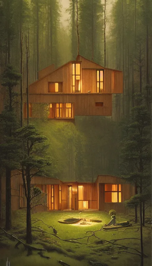 Image similar to cozy ultra modern home in the woods moody lighting, highly detailed, painting by zdzisław beksinski and norman rockwell and greg rutkowskiweta studio, and lucasfilm