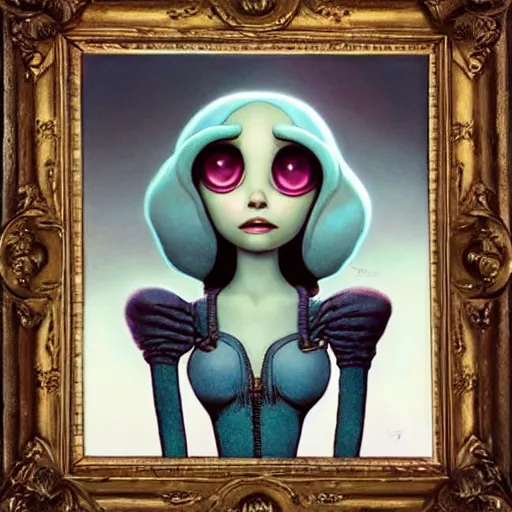 Image similar to Lofi portrait with a small creature, Pixar style by Joe Fenton and Stanley Artgerm and Tom Bagshaw and Tim Burton