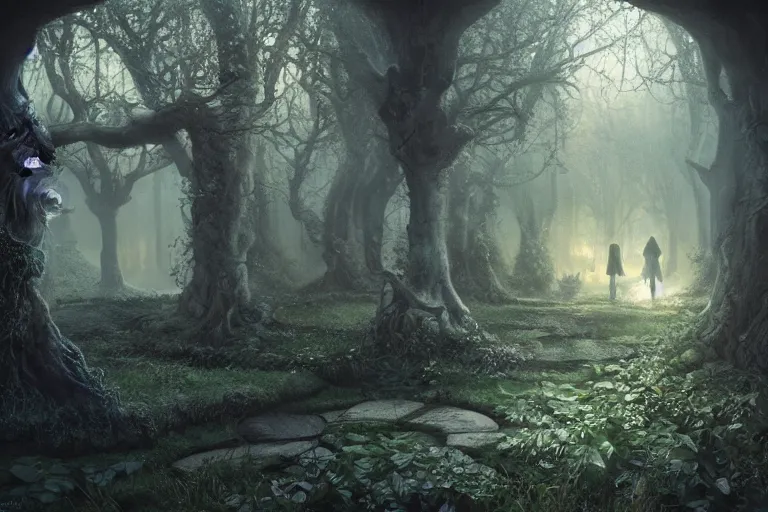 Prompt: secret garden, dark, spooky, dreamlike, in the style of pan's labyrinth movie, low light, hyperrealistic, coherent composition, artstation, matte painting, concept art, edward hughes