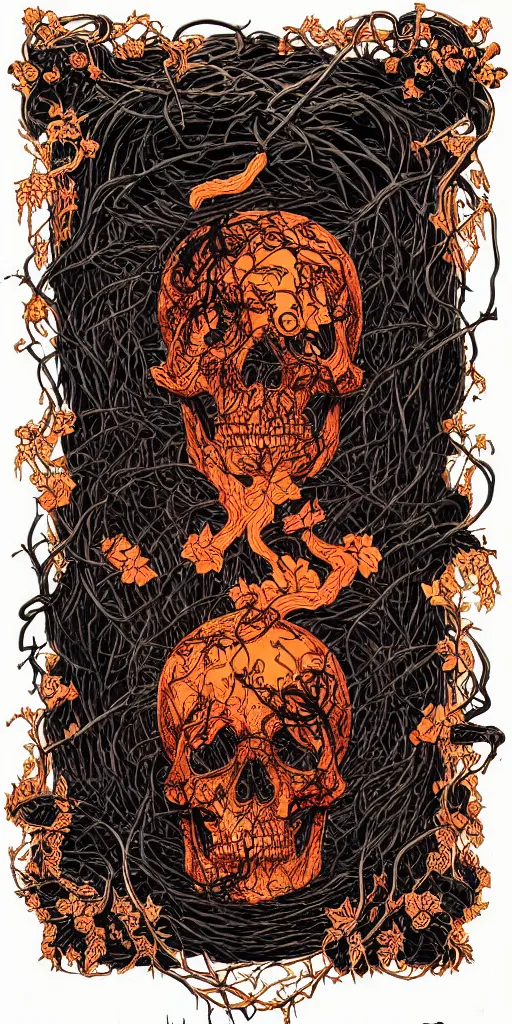 Prompt: human skull wrapped in vines + black paper + elements + red + gold + neon + baroque + rococo + white + orange + ink + tarot card with ornate border frame + marc simonetti, paul pope, peter mohrbacher, detailed, intricate ink illustration