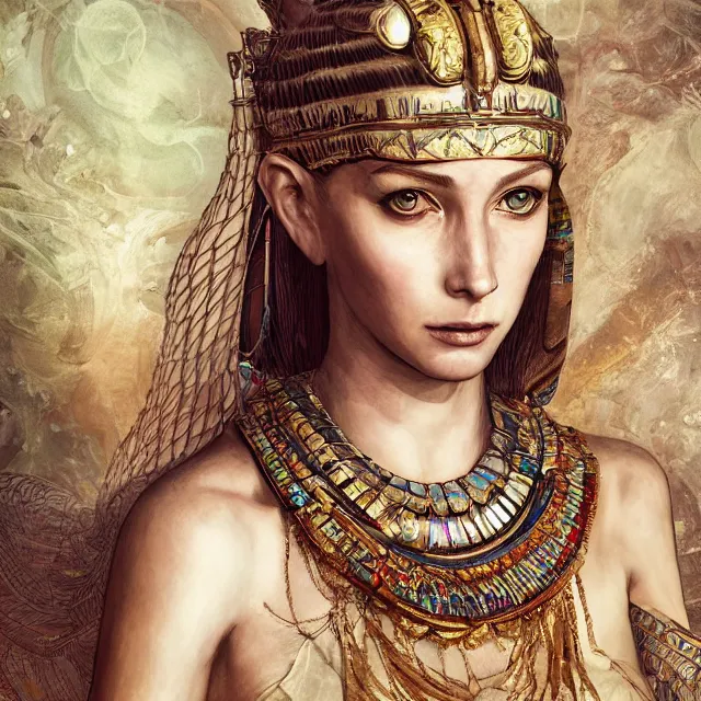 Prompt: the portrait of the cleopatra personified as charlotte de witte, absurdly beautiful, graceful, elegant, sophisticated, young woman, an ultrafine hyperdetailed illustration by kim jung gi, irakli nadar, intricate linework, bright colors, octopath traveler, final fantasy, unreal engine 5 highly rendered, global illumination, radiant light, detailed and intricate environment