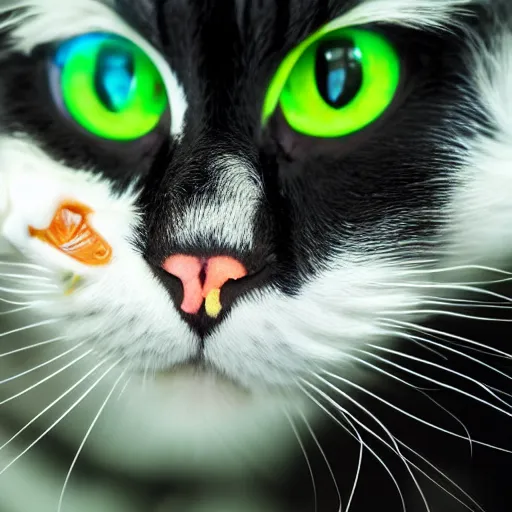 Image similar to white and black cat with green eyes setting planet earth on fire, fisheye lens, paws on top of planet