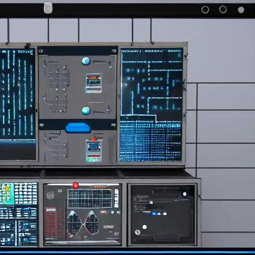 Image similar to space laboratory, cozy, simple, computer control panel, counter with future science technology, reflective surfaces, unreal engine 5 tech demo, unsplash