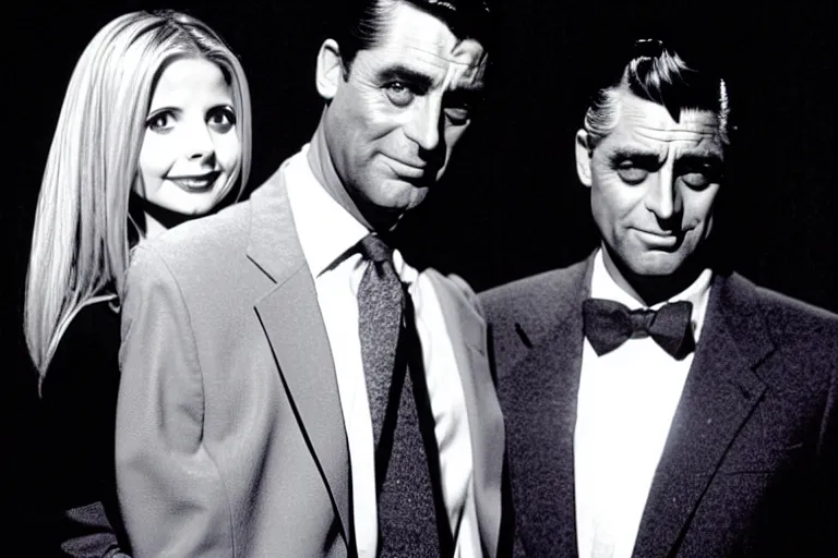 Image similar to cary grant as giles in buffy the vampire slayer, along side sarah michelle gellar 1 9 9 8