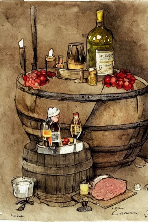 Prompt: pork, meat, schnapps, wine, candle on a barrel in a cellar, watercolor painting by anderz zorn and carl larsson
