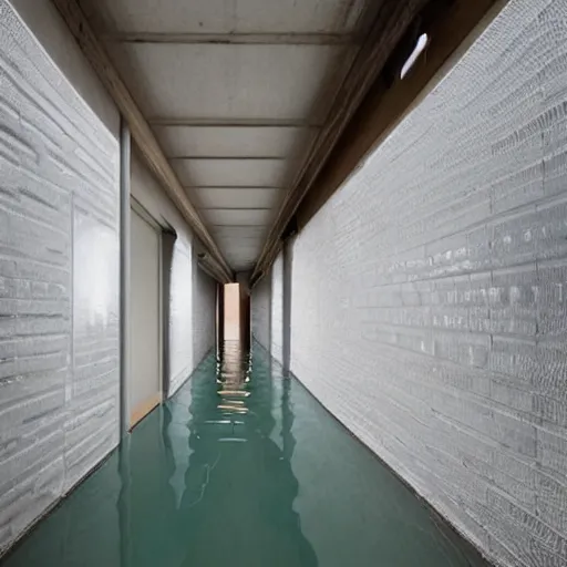 Prompt: photo of a vast interior space of irregular rooms and corridors, bizarre architecture. ceramic white tiles on all the walls. the floor is flooded with shallow water.