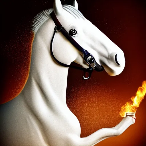 Prompt: a photo of an antropomorphic horse wearing a suit smoking a cigar