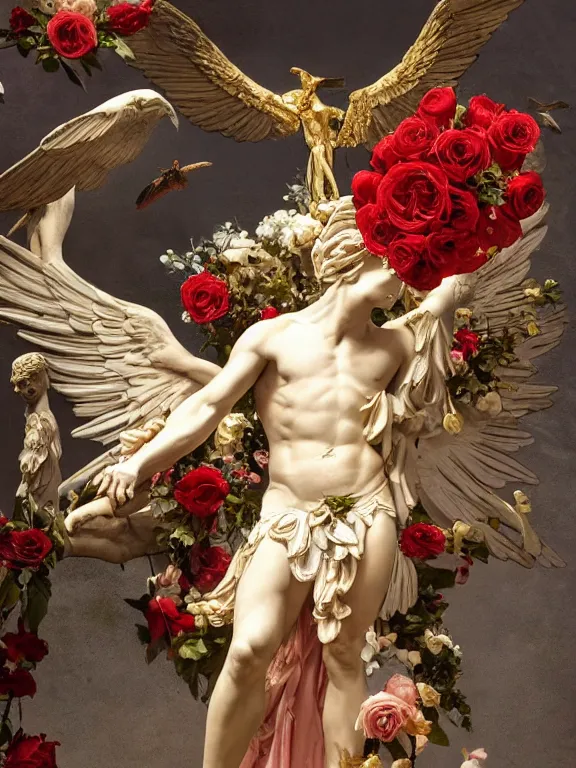 Prompt: a icarus with wings in the form of a Greek sculpture and wreath of roses, roses in hands, dressed in a flower dress, stands in the pose of a super hero on a golden stone, silk, fabric, birds, flowers. red plastic. baroque elements, human skull. full-length view. baroque element. intricate artwork by caravaggio. many many birds birds on background. Trending on artstation. halo. octane render, cinematic, hyper realism, octane render, 8k, depth of field, bokeh. iridescent accents. vibrant. teal and gold and red colour scheme